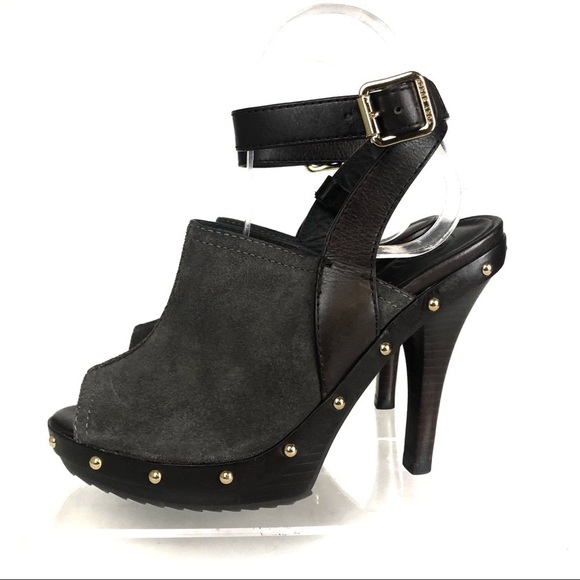 Tory Burch Bilson Clog Suede Leather Studs Ankle Strap Peep Toe Sandal Heels 6 - Picture 3 of 8